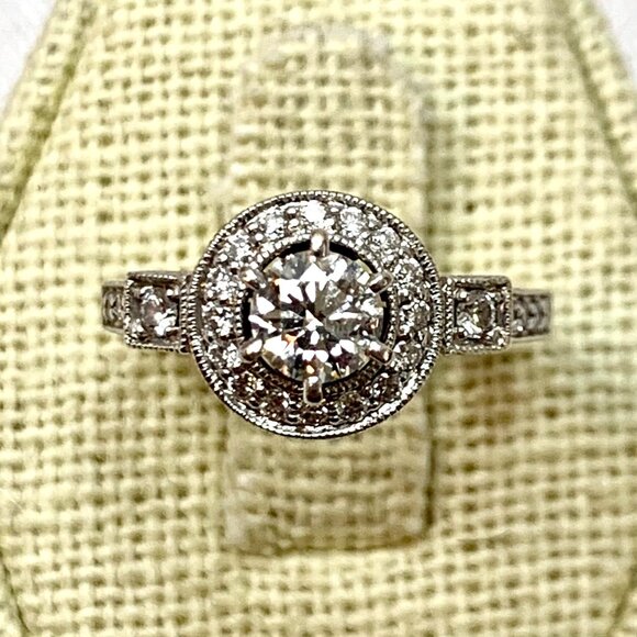 18K White Gold Natural Diamond Engagement Ring Halo Design Filigree Shoulders Ri - Picture 6 of 16
